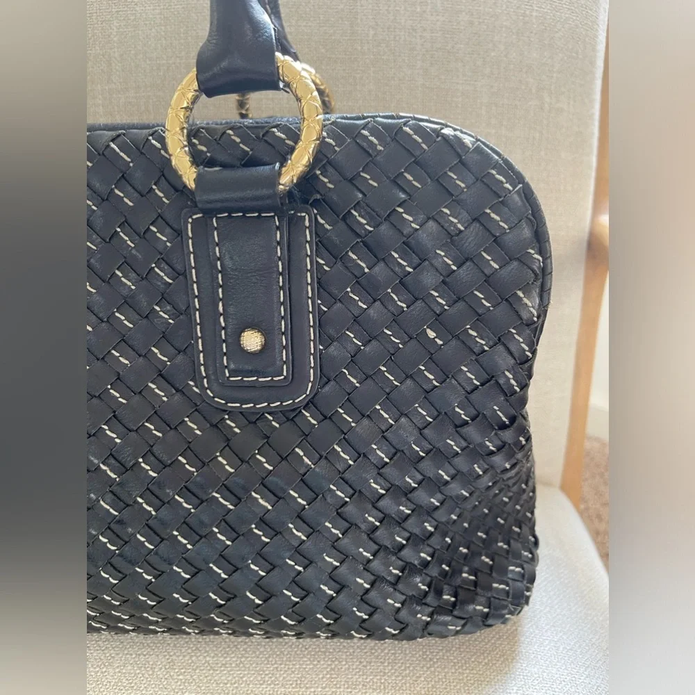 Antonio Melani Black Intrecciato Genuine Leather Satchel Handbag Gold Hardware